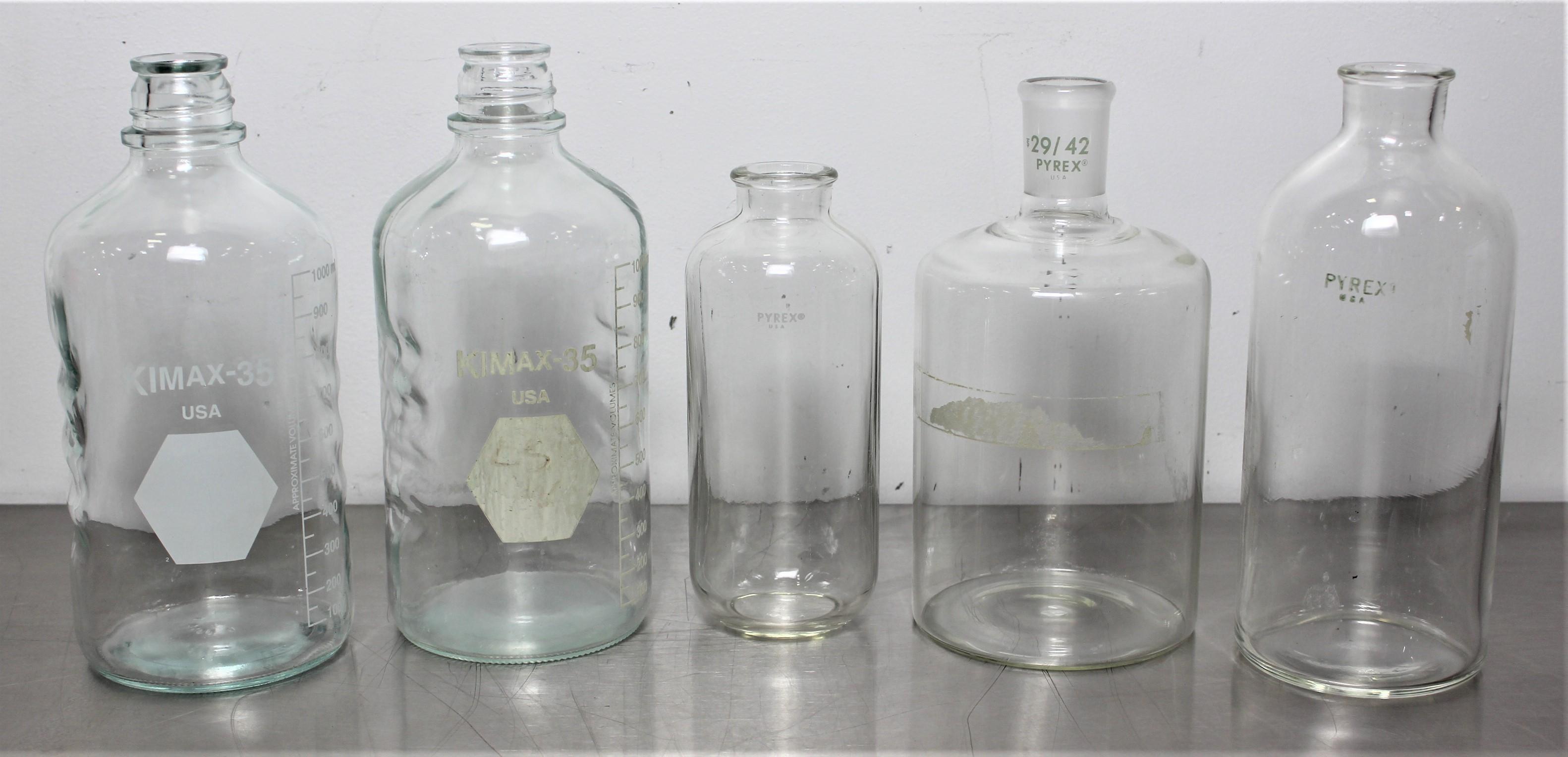 Pyrex Laboratory Glass Flask Set - 5 Pieces Including 2 Kimax-35 Media Bottles 1000mL, Screw Thread Design