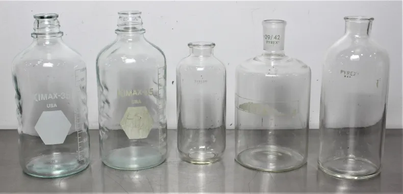 Pyrex Laboratory Glass Flask Set - 5 Pieces Including 2 Kimax-35 Media Bottles 1000mL, Screw Thread Design