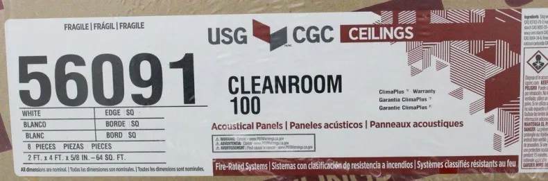 USG Ceilings 56091 Clean Room 100 Acoustical Ceiling Panels, 64 sq ft, Class 100/ISO 5