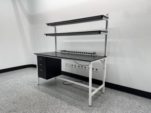Laboratory Work Bench with Metal Frame, Overhead Shelves, and Drawer Storage-cover