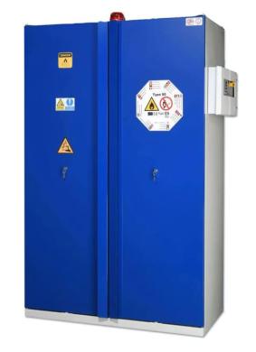 Two-door cabinet for lithium batteries with FPC LITHIUMSAFE CHEMISAFE system-cover