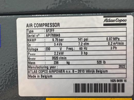 Atlas Copco SF2 FF Oil-Free Scroll Air Compressor with Integrated Tank-cover