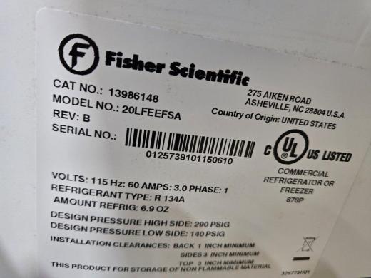 Fisher Scientific Isotemp Upright Laboratory Freezer 20LFEEFSA -20°C, 20.6 cu.ft.-cover