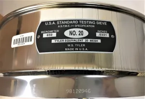 Tyler #20 Stainless Steel 12" Test Sieve with 850 μm Aperture, 2 of 5