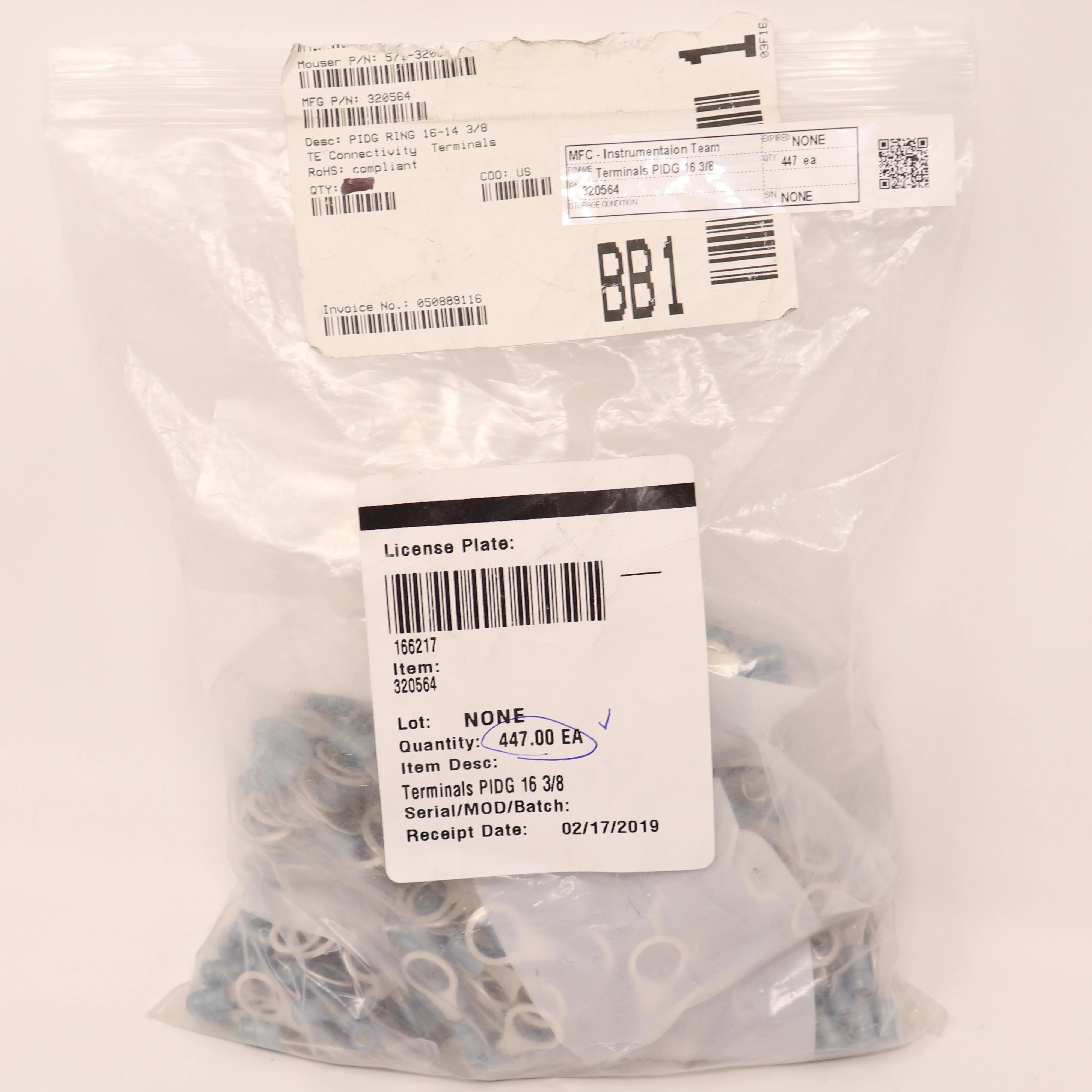 TE Connectivity PIDG Ring Tongue Terminal 16-14 AWG, 3/8" Stud Size, Model 320564