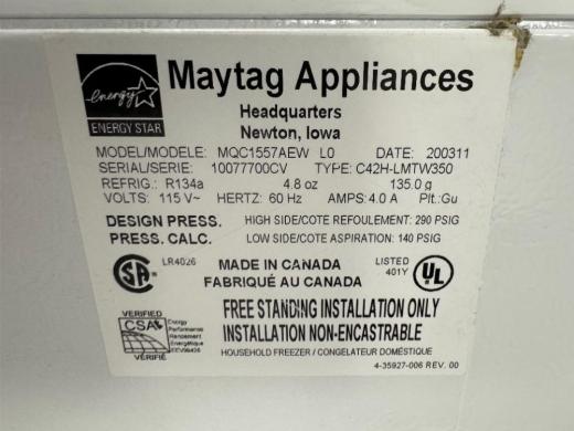 Maytag MQC1557AEW Chest Freezer for Laboratory Sample Storage-cover