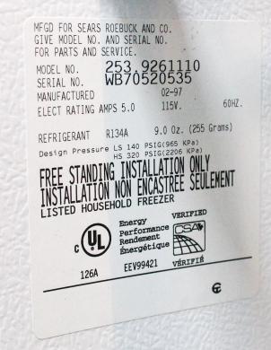 Kenmore Model 253.9261110 Upright Freezer, -10°C | QuestPair