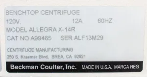 Beckman Coulter Allegra X-14R Refrigerated Centrifuge with 4 x 750 mL Capacity, 4300 RPM, 6 of 12