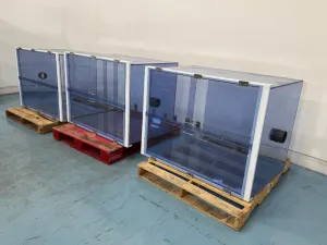 Set of Three Laboratory Desiccator Cabinets with Transparent Blue Panels and White Framing, 3 of 4