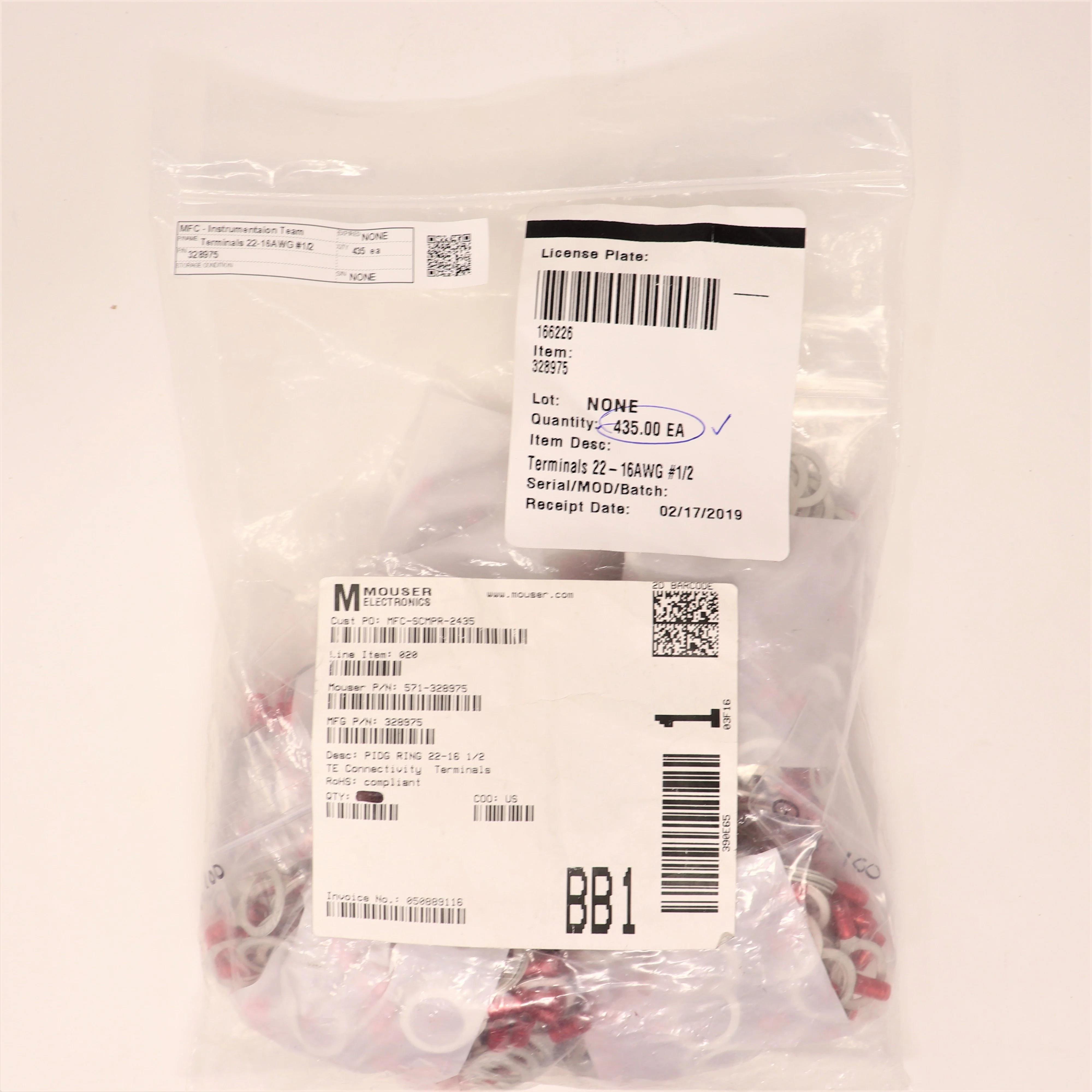 TE Connectivity Model 328975 Ring Crimp Terminal for AWG 22-16 Wires