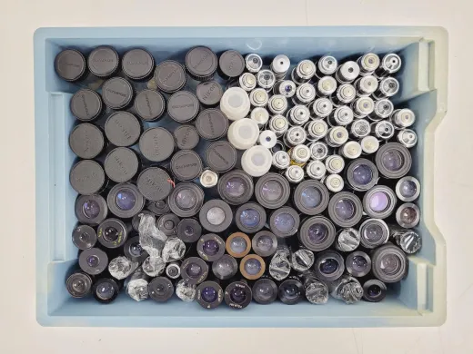 Lot of 65 Olympus and Nikon Microscope Objectives with 52 Eyepieces
