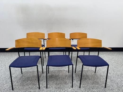 Stackable Laboratory and Office Chairs Set of 6 with Wooden Backrests and Blue Upholstered Seats-cover