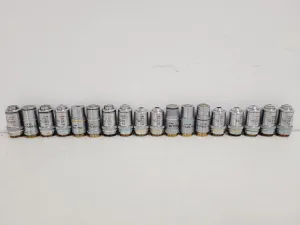 Lot of 65 Olympus and Nikon Microscope Objectives with 52 Eyepieces, 7 of 8
