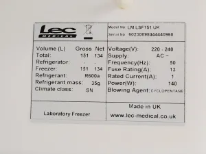 LEC Medical LM LSF151UK Laboratory Freezer for Biomedical Sample Storage, 7 of 7