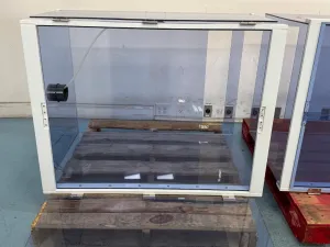 Set of Three Laboratory Desiccator Cabinets with Transparent Blue Panels and White Framing, 2 of 4