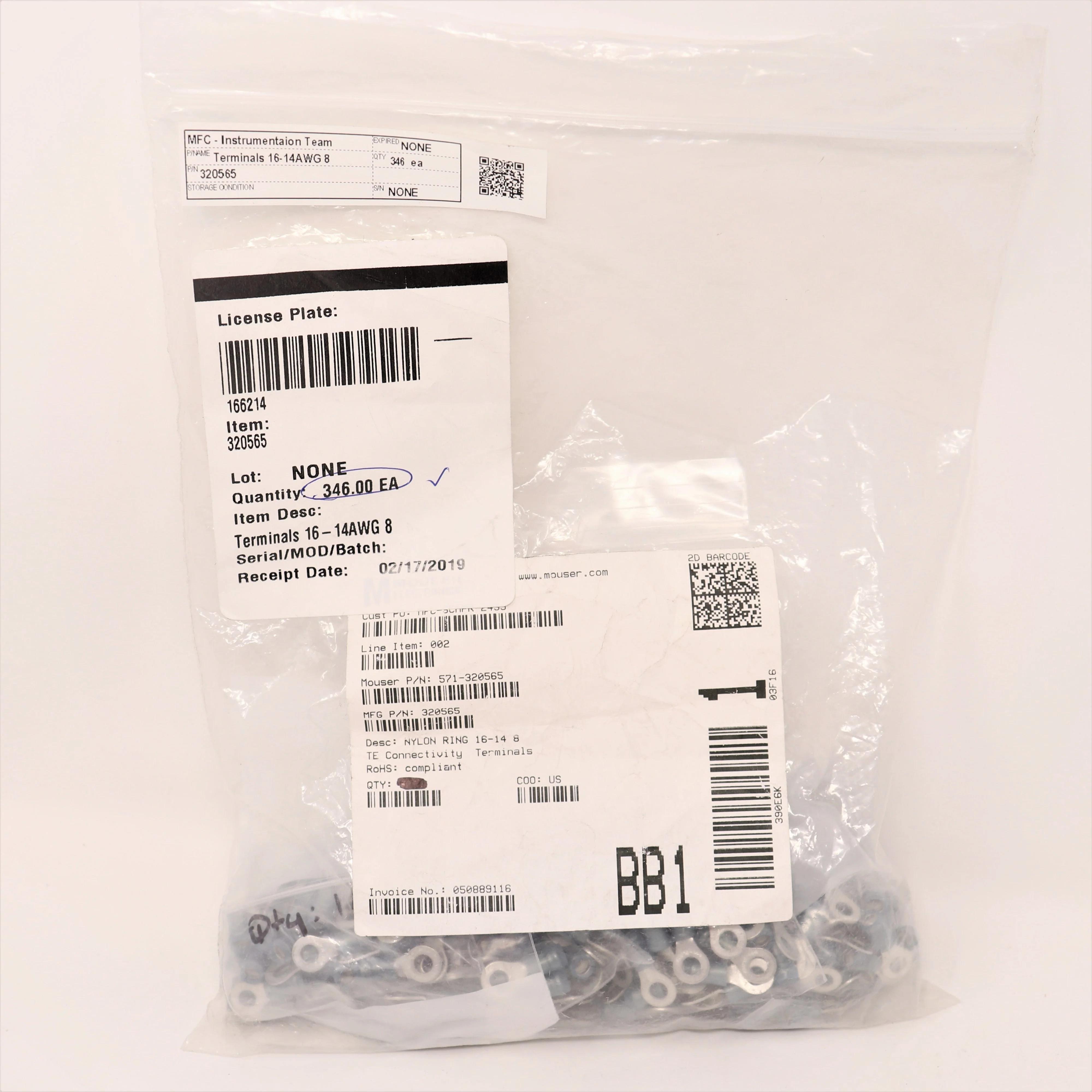 TE Connectivity 320565 PIDG Ring Tongue Terminal, 16-14 AWG, Pack of 346