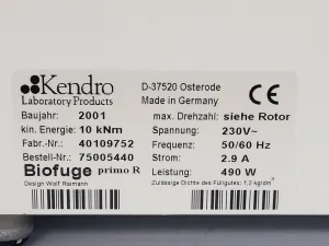 Kendro Heraeus Biofuge Primo R Refrigerated Benchtop Centrifuge with 7591 Rotor, 4000 RPM, 3 of 10