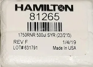 Hamilton 81265 Gastight 500μL Injection Syringe with Polymer Tip, Model #1750RNR, 17 of 18