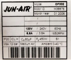 Jun-Air OF332-0B Oil-Less Rocking Piston Pump Motor Compressor, 6 of 6