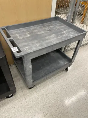 Durable Two-Shelf Plastic Utility Cart with Four Caster Wheels for Laboratory Use