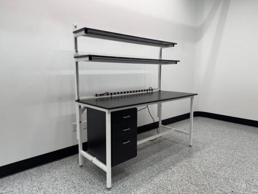 Laboratory Work Bench with Metal Frame, Black Laminated Surface, Overhead Shelves, and Lockable Drawers-cover