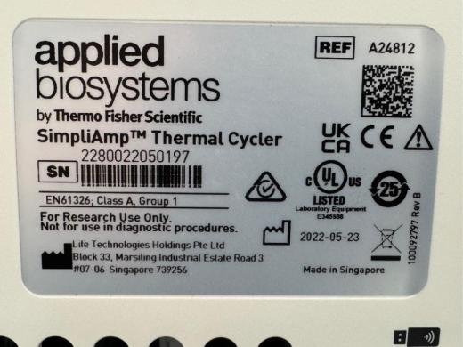 Applied Biosystems SimpliAmp Thermal Cycler Model A24812 with 96-Well Block-cover