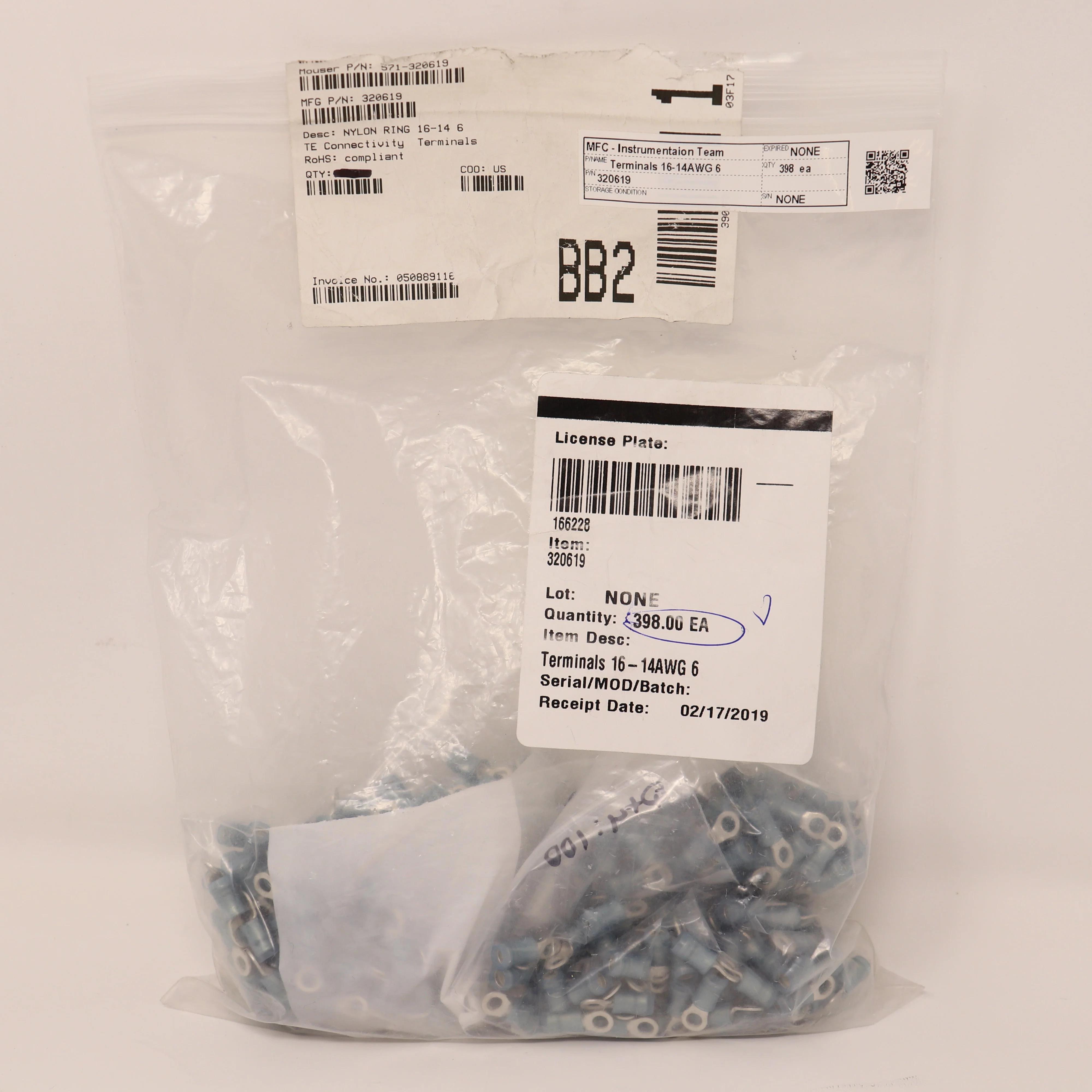 TE Connectivity PIDGE Ring Tongue Terminal 16-14 AWG #6, Model 320619 (Pack of 398)