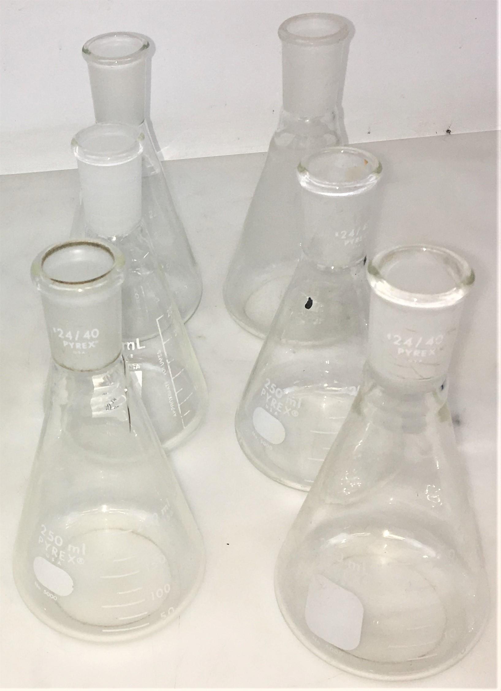 Corning PYREX 5000 & Kimble KIMAX 26510-250 250mL Stoppered Narrow Mouth Erlenmeyer Flasks with 24/40 Joint