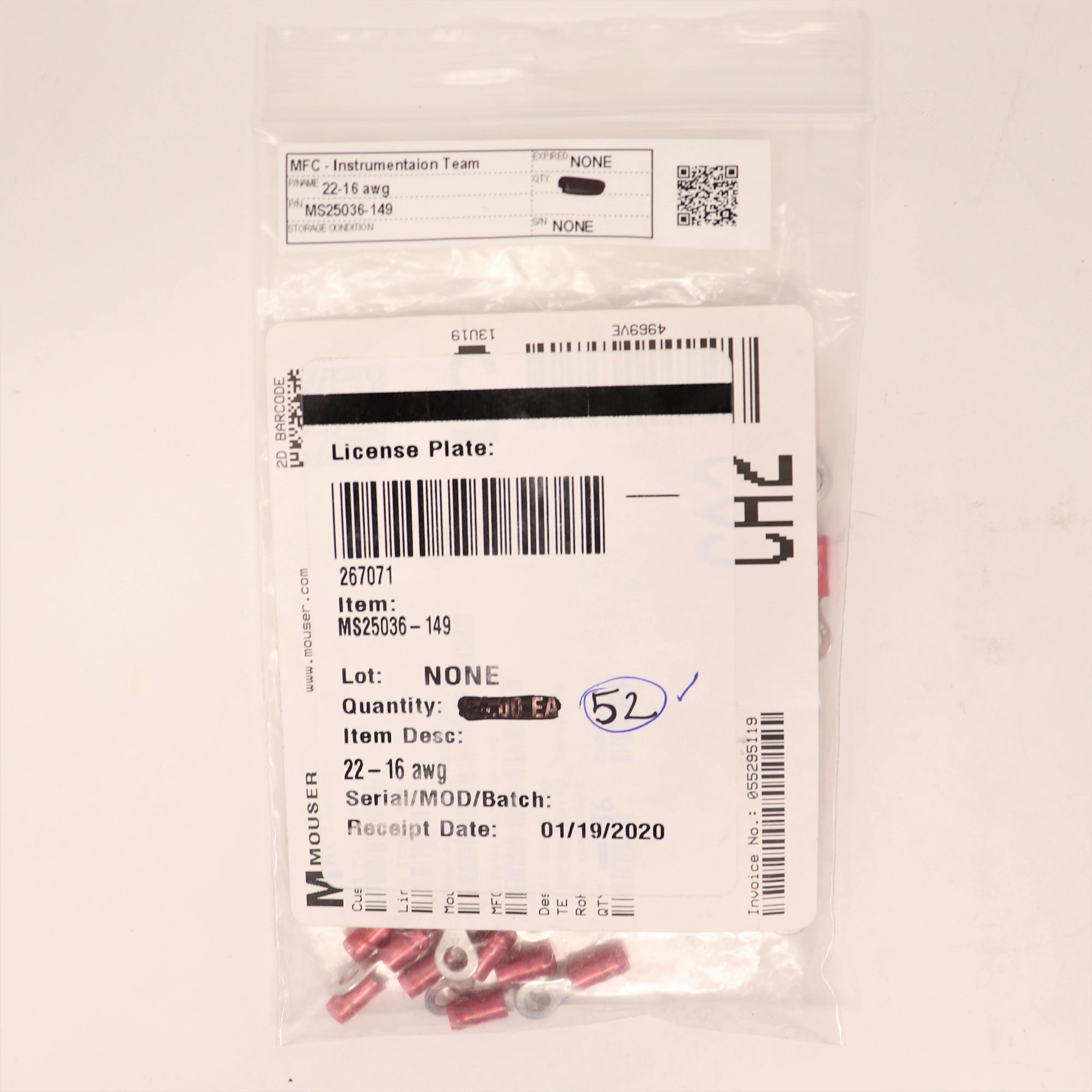 TE Connectivity MS25036-149 Red Crimp Ring Tongue Terminal, M4 Stud, 22-18 AWG