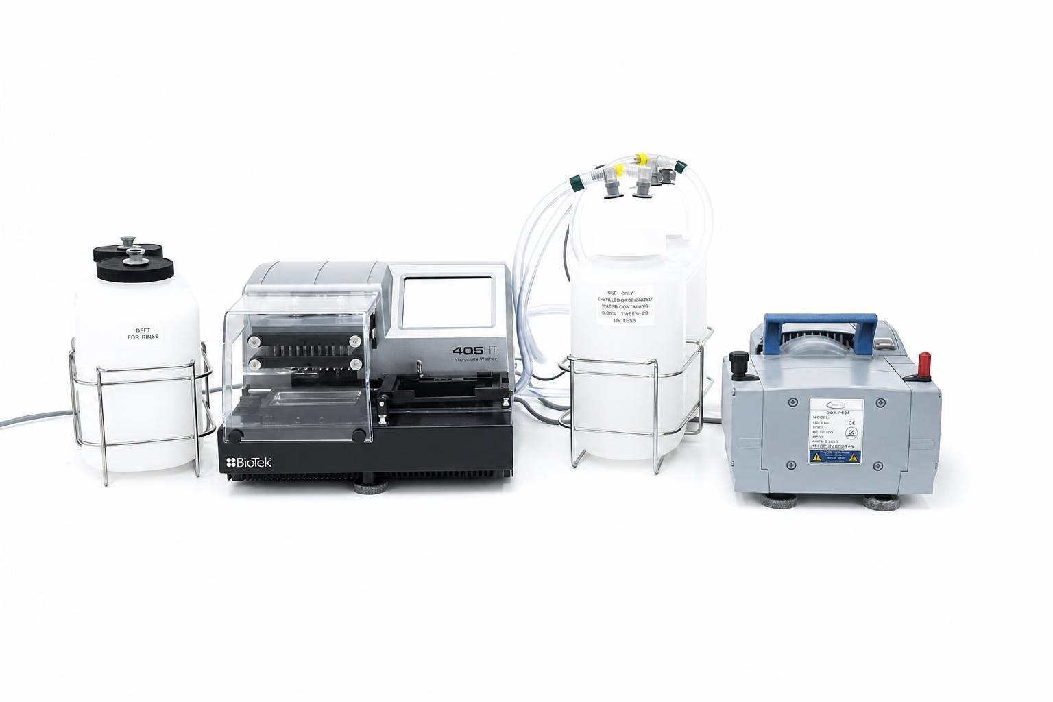 Agilent BioTek 405 HT Microplate Washer 405TSHT with BioStack 3WR Stacker and Vacuum Pump