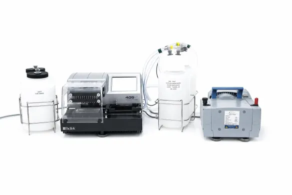 Agilent BioTek 405 HT Microplate Washer 405TSHT with BioStack 3WR Stacker and Vacuum Pump