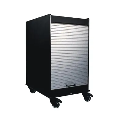 TrippNT Black Laboratory Equipment Cart 18x24 Tray, Adjustable Shelf, Tambour Door, Locking Casters