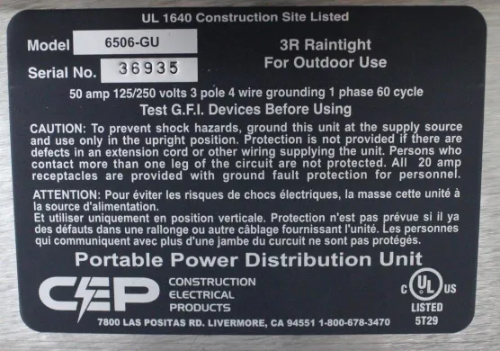 CEP 6506-GU Portable Power Distribution Unit for Outdoor Facility Use