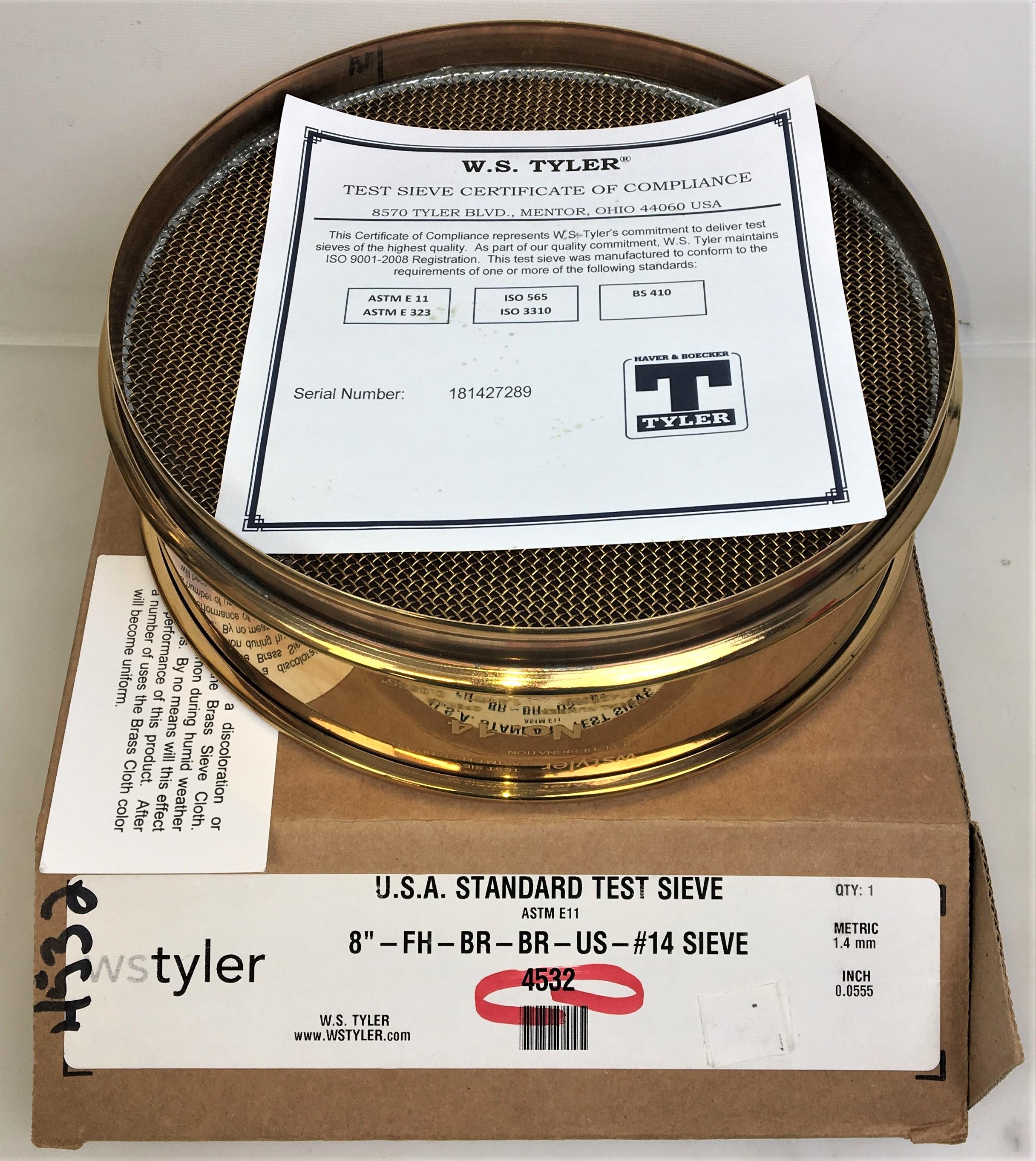 Tyler #14 Brass 12" Test Sieve with 1.4 mm Aperture, ASTM E-11 Compliant