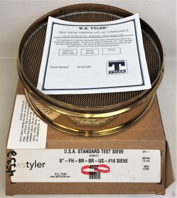 Tyler #14 Brass 12" Test Sieve with 1.4 mm Aperture, ASTM E-11 Compliant-cover