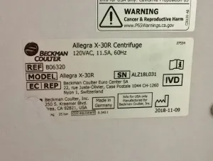 Beckman Coulter Allegra X-30R Refrigerated Benchtop Centrifuge with Fixed-Angle Rotor, 12 of 12