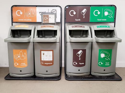 Glasdon 4× Combo Tray Shelf Bin Stations for Mixed, Food, Liquid, and Vegware Waste-cover