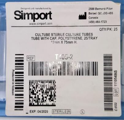 Simport Cultubes T405-2 Sterile Disposable Culture Tubes, 5 mL, Tray of 25-cover
