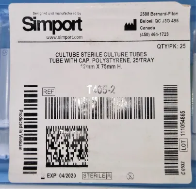 Simport Cultubes T405-2 Sterile Disposable Culture Tubes, 5 mL, Tray of 25