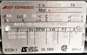 Edwards E2M28 Dual Stage Rotary Vane Mechanical Vacuum Pump with EMF20 Oil Mist Filter (21 CFM), 9 of 9