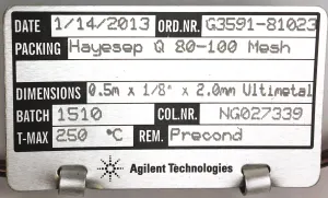 Agilent HayeSep Q Packed GC Column G3591-81023, 0.5 m, 1/8" OD × 2 mm ID, 3 of 4