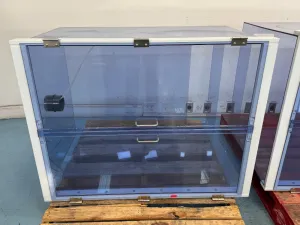 Set of Three Laboratory Desiccator Cabinets with Transparent Blue Panels and White Framing, 4 of 4
