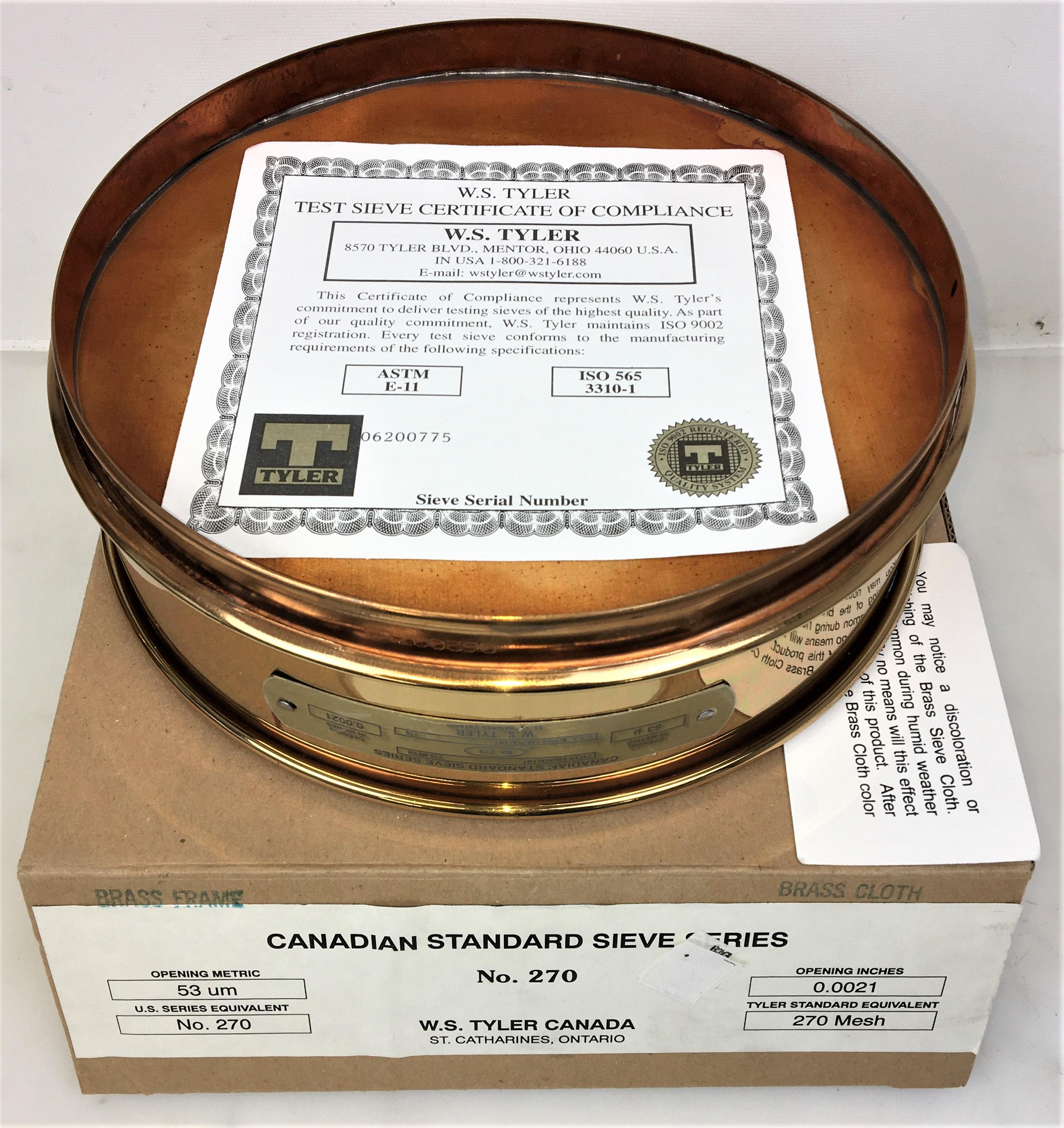 Tyler #270 Brass 12-Inch Test Sieve with 53μm Aperture, Stainless Steel Frame and Cloth
