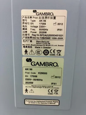 Gambro AK-96 Dialysis Machine with Integrated Blood Pump and Dialysate System