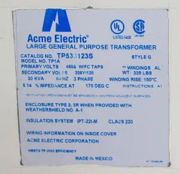 Acme Electric TP1A 30 KVA Three-Phase 480V to 208Y/120V Transformer with Type 3R Enclosure, 6 of 7