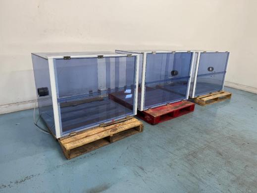 Set of Three Laboratory Desiccator Cabinets with Transparent Blue Panels and White Framing-cover