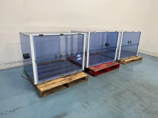 Set of Three Laboratory Desiccator Cabinets with Transparent Blue Panels and White Framing
