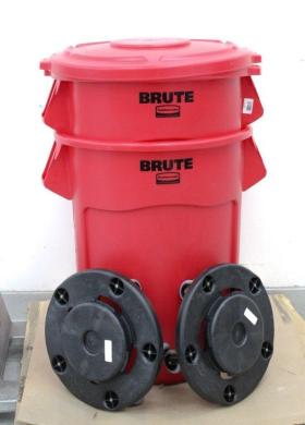 Rubbermaid BRUTE 55 Gallon Red Round Trash Can Set with Lids and Dollies-cover