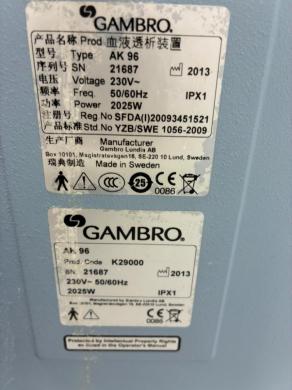 Gambro AK-96 Hemodialysis Machine with Integrated Flow Sensors and Control Panel-cover