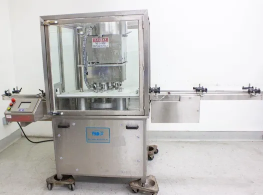 M O Perry RPC Alu-Crimp Vial Sealing Machine with Vibratory Feeder and Conveyor